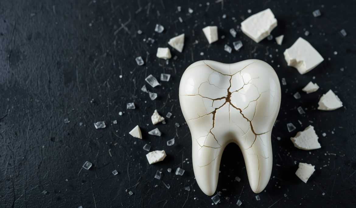 jagged fracture splinters across enamel, tooth fragments scattered like against. stark imagery captures sudden vulnerability dental trauma silent warning pain lurks beneath surface urgent need.