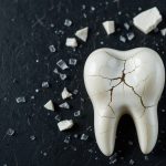 jagged fracture splinters across enamel, tooth fragments scattered like against. stark imagery captures sudden vulnerability dental trauma silent warning pain lurks beneath surface urgent need.