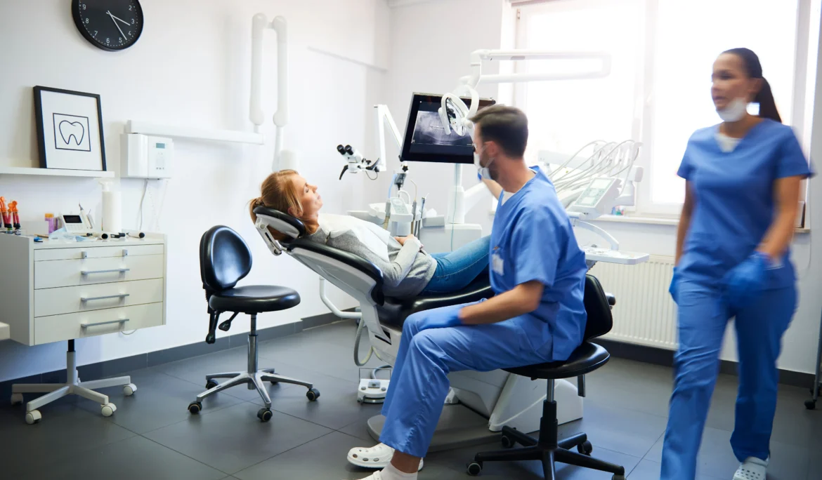Blurred view of busy dentists at work