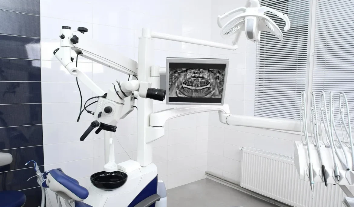 Professional modern microscope equipment at dental office