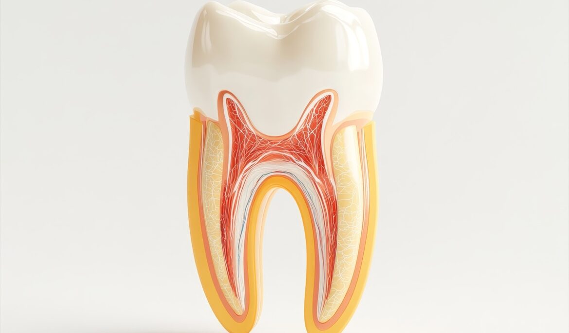 Detailed anatomical representation of a human tooth showcasing its internal structure and layers