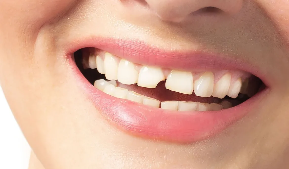 Woman smiles with broken tooth. Need a Dentist. Close up photo white background.