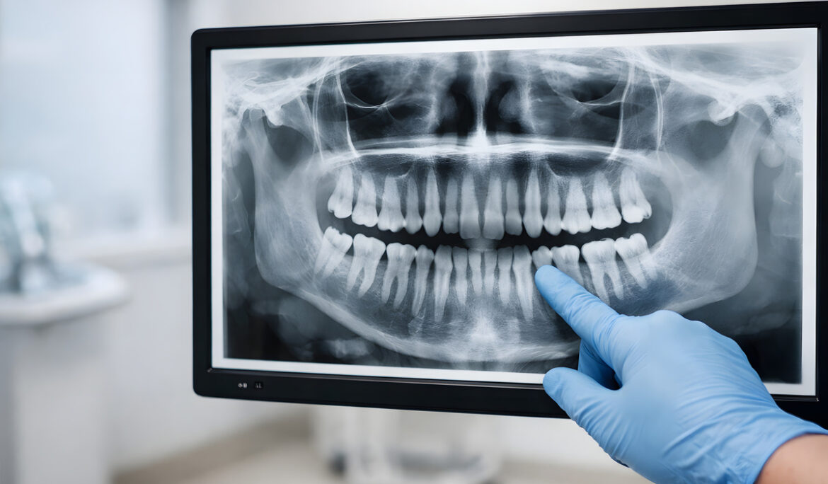 Dental X-Ray on Lightbox with Gloved Hand in Modern Dental Office