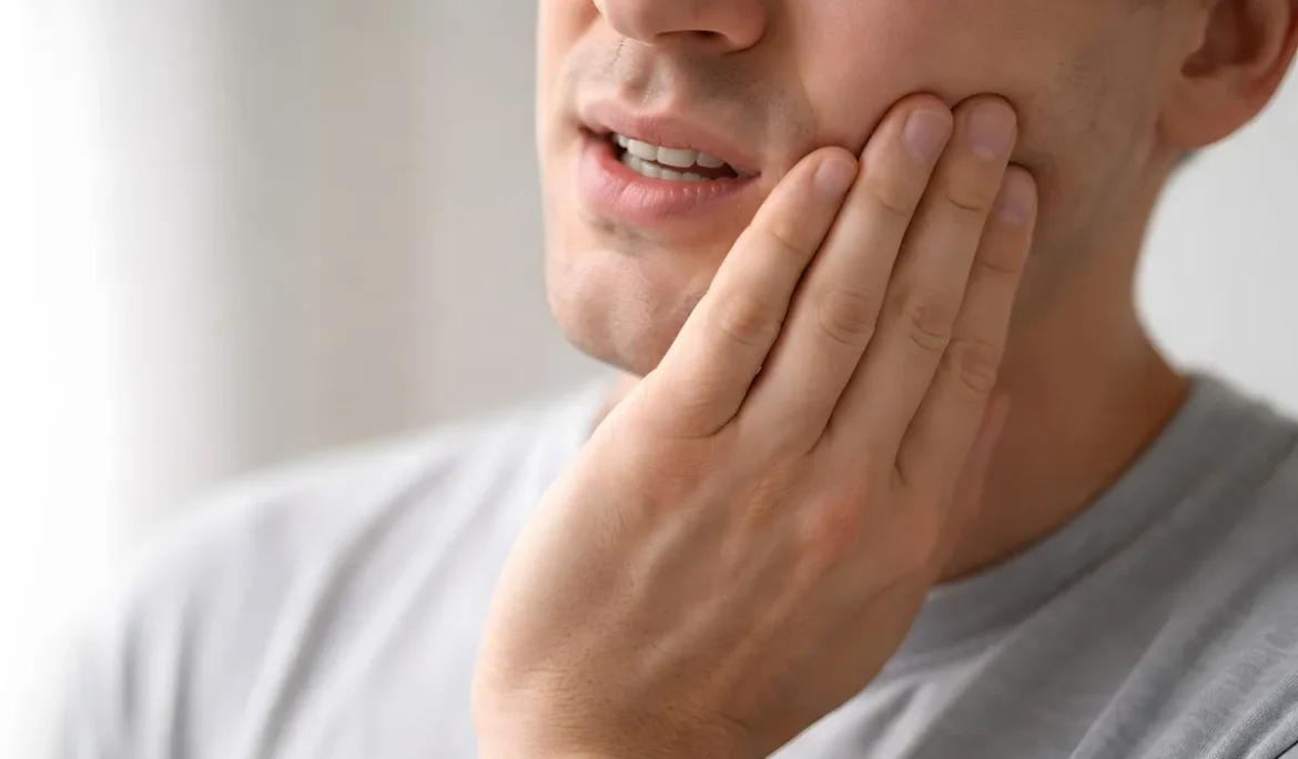 Person Holding Jaw in Pain, Focus on Hand and Lower Face - Dental Pain