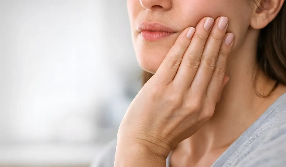 Woman Holding Jaw in Discomfort - Dental Emergency - Tooth Pain